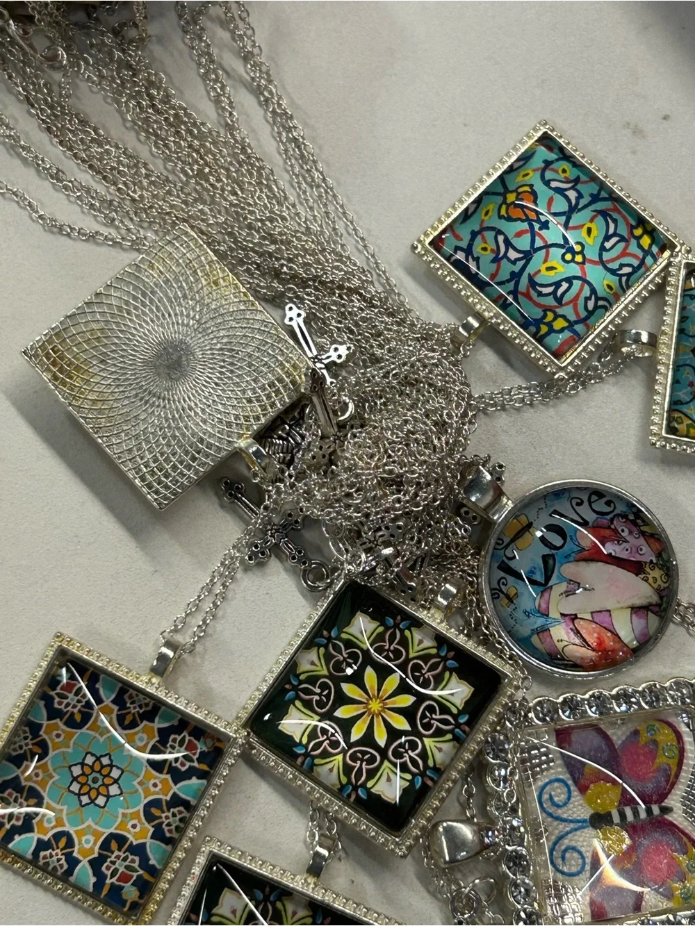 10 Silver tone Multi-Color Patterned Glass Pendant Necklaces